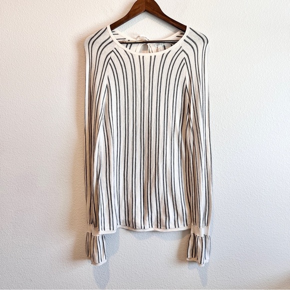 hinge Sweaters - Hinge Striped Sweater Small Long Sleeve Tie Back Cream Gray Knit Preppy Boho